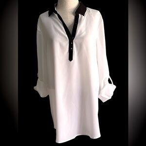 Kenneth Cole Reaction Women’s White Blouse w/ Black Trim & Roll Sleeves - Large